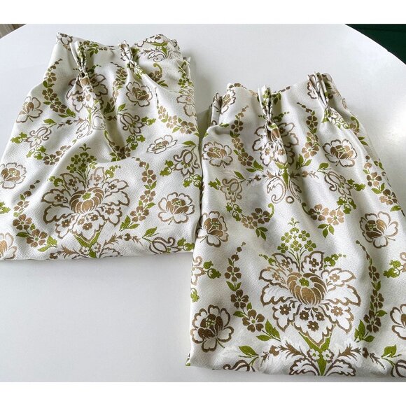 Vintage 60s pleated curtains, green & gold bold floral, Fiberglass panels, pair - Picture 10 of 10